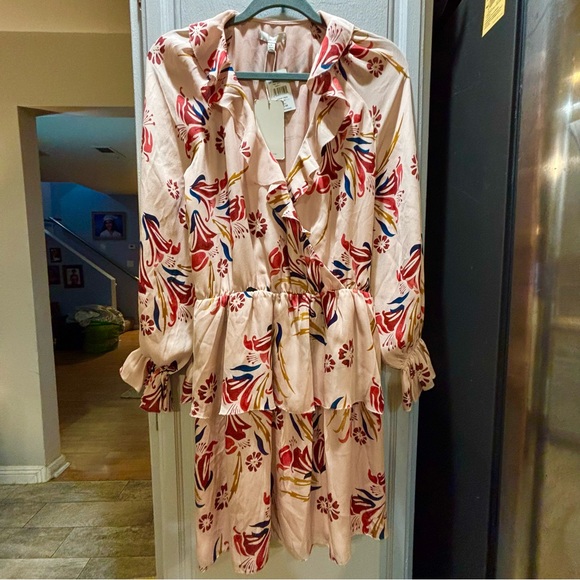 NWT Joie | 100% Silk Nour Pink Sky Floral Long Sleeve Peplum Mini Dress - Picture 3 of 12